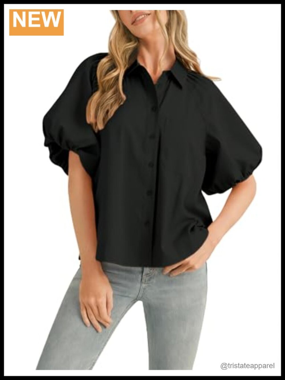 Women's Striped Puff Sleeve Button Down Collared Blouse Top